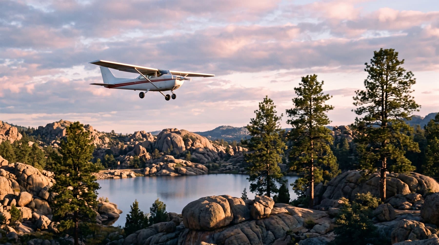 A small high-wing training airplane in the pattern over granite boulders and ponderosa pines at dawn