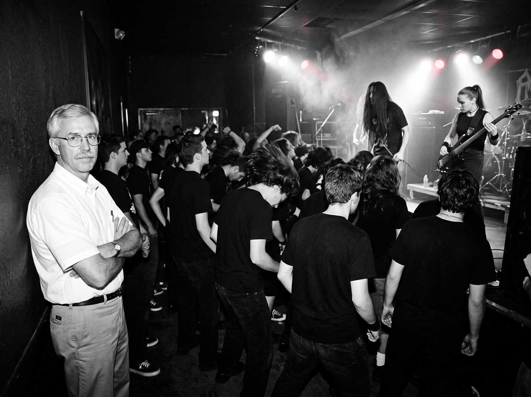 The back of a small club during a loud show, an older man with folded arms standing alone against the rear wall