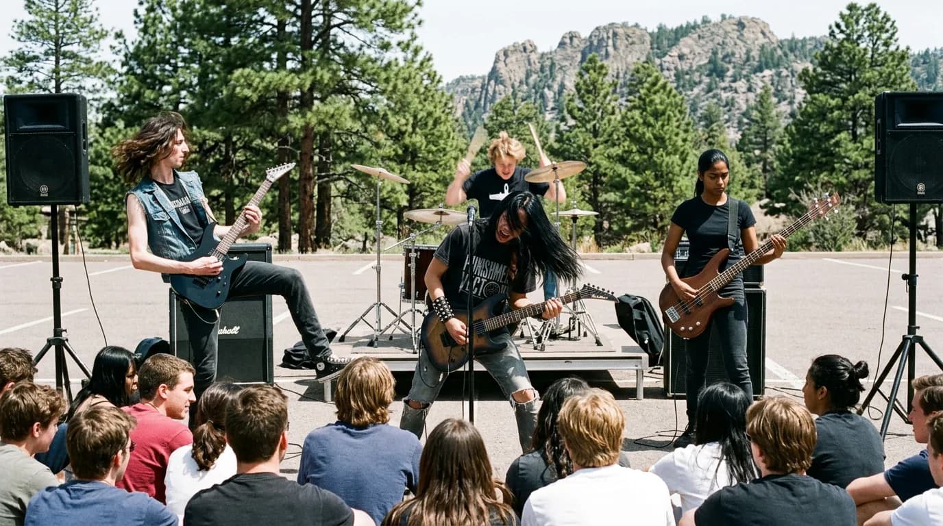 Red Screen of Death playing on a low riser in a parking lot under ponderosa pines and granite rock, students seated on the asphalt