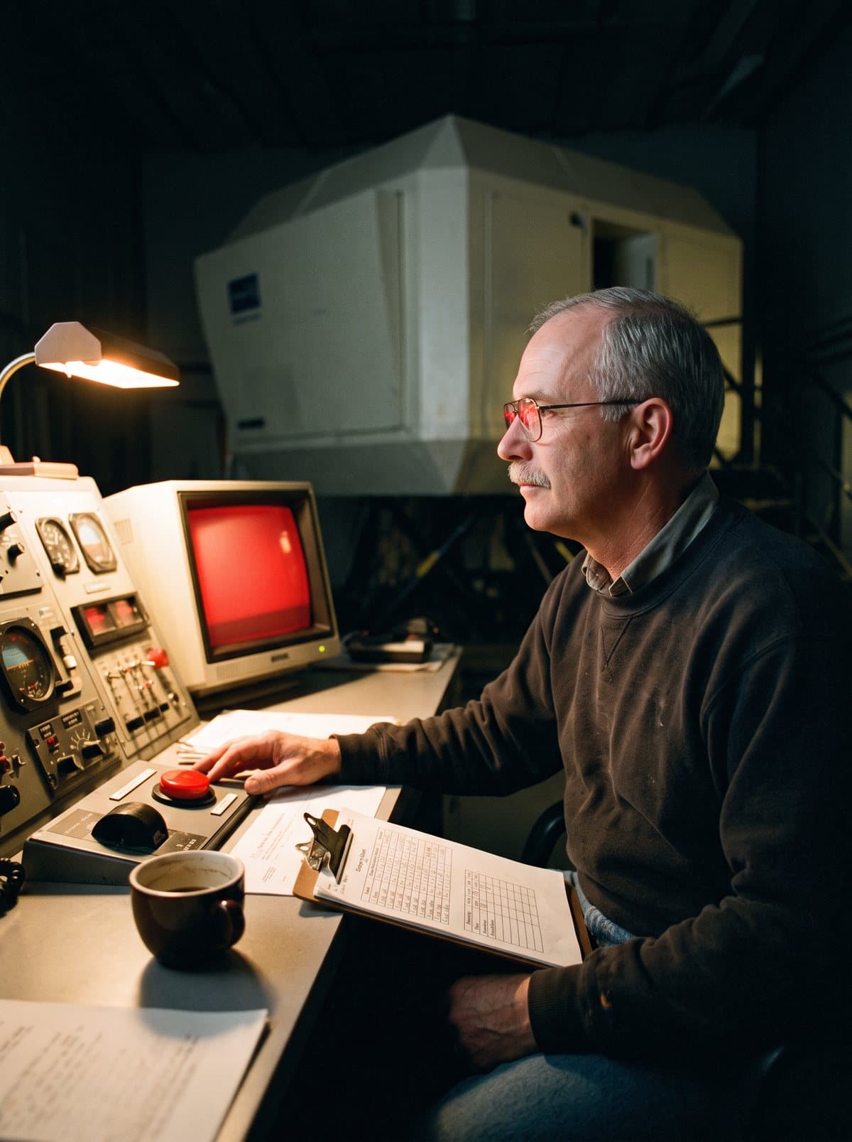 A grey-haired instructor in glasses seated at a simulator console late at night, a red screen glowing on the monitor beside him