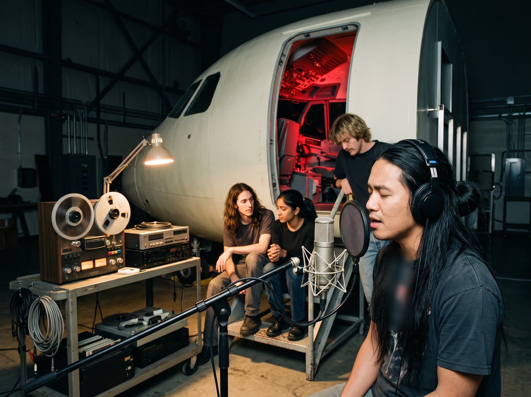 A singer recording a vocal into a microphone inside a darkened simulator bay, a tape machine running on a cart