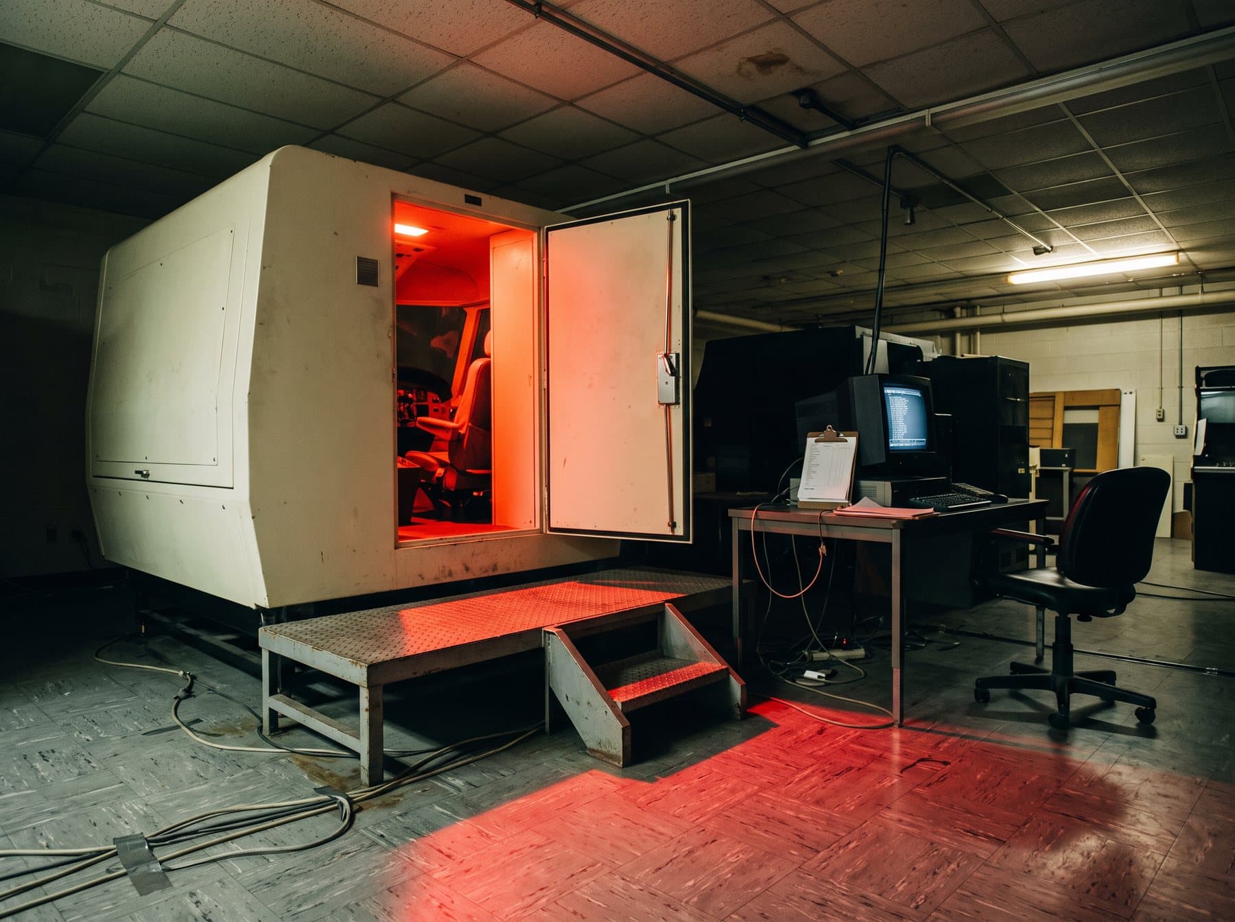 A flight simulator cab in a dark training building after hours, the instructor station unlit and a single red screen glowing inside the cockpit